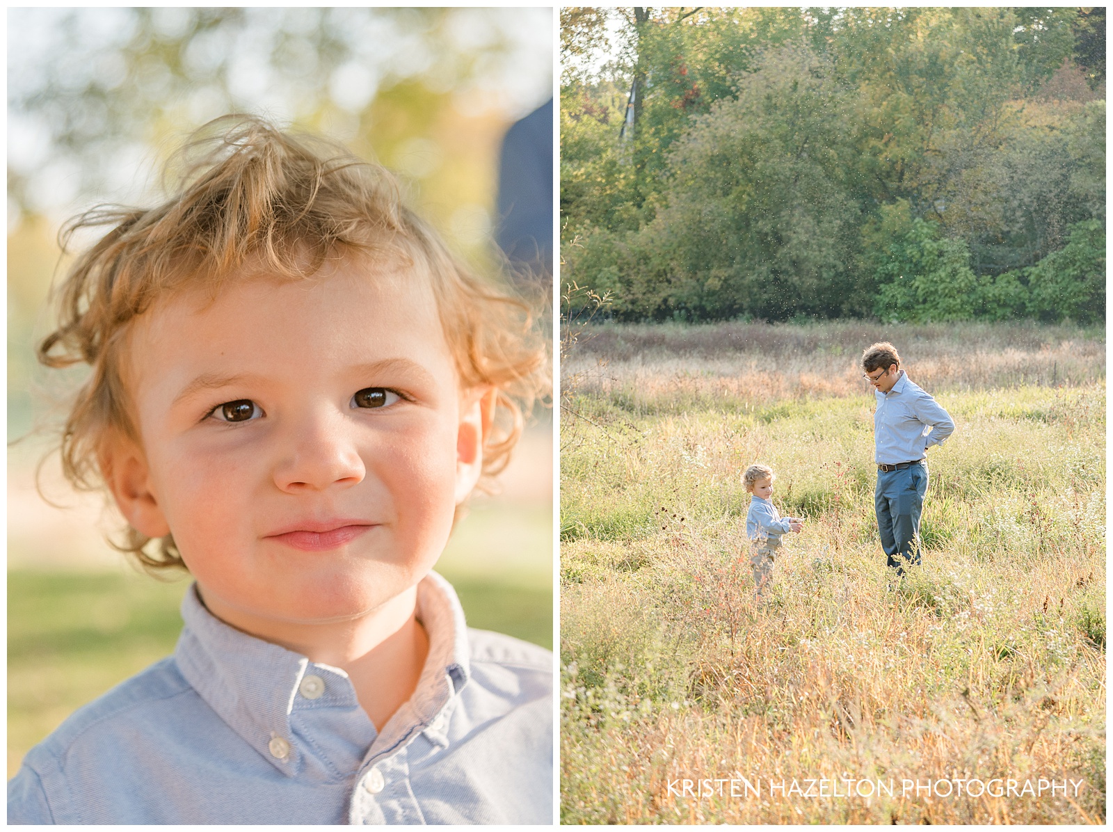 Closeup of a toddler and toddler and dad in a field