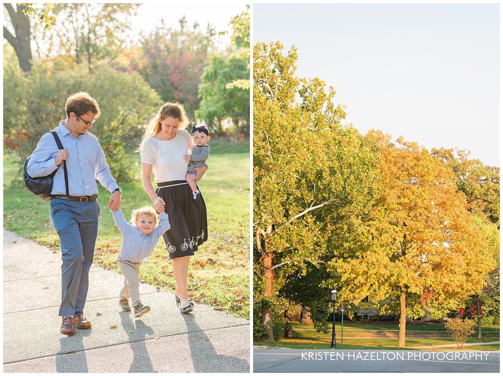 Family walking to Riverside, IL train station, and fall foliage