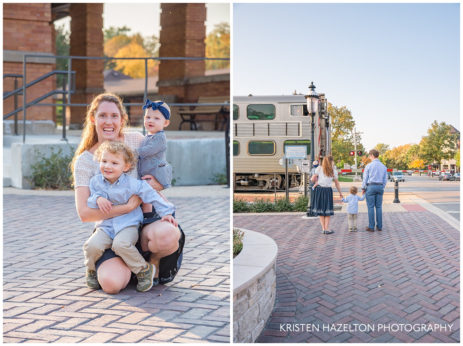 Mother crouching down next to young son and daughter, and watching a train go by