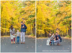 Fall portraits of a young family of four in Thatcher Woods in River Forest, IL