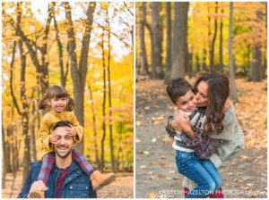 Dad with toddler daughter and mom giving young son a kiss