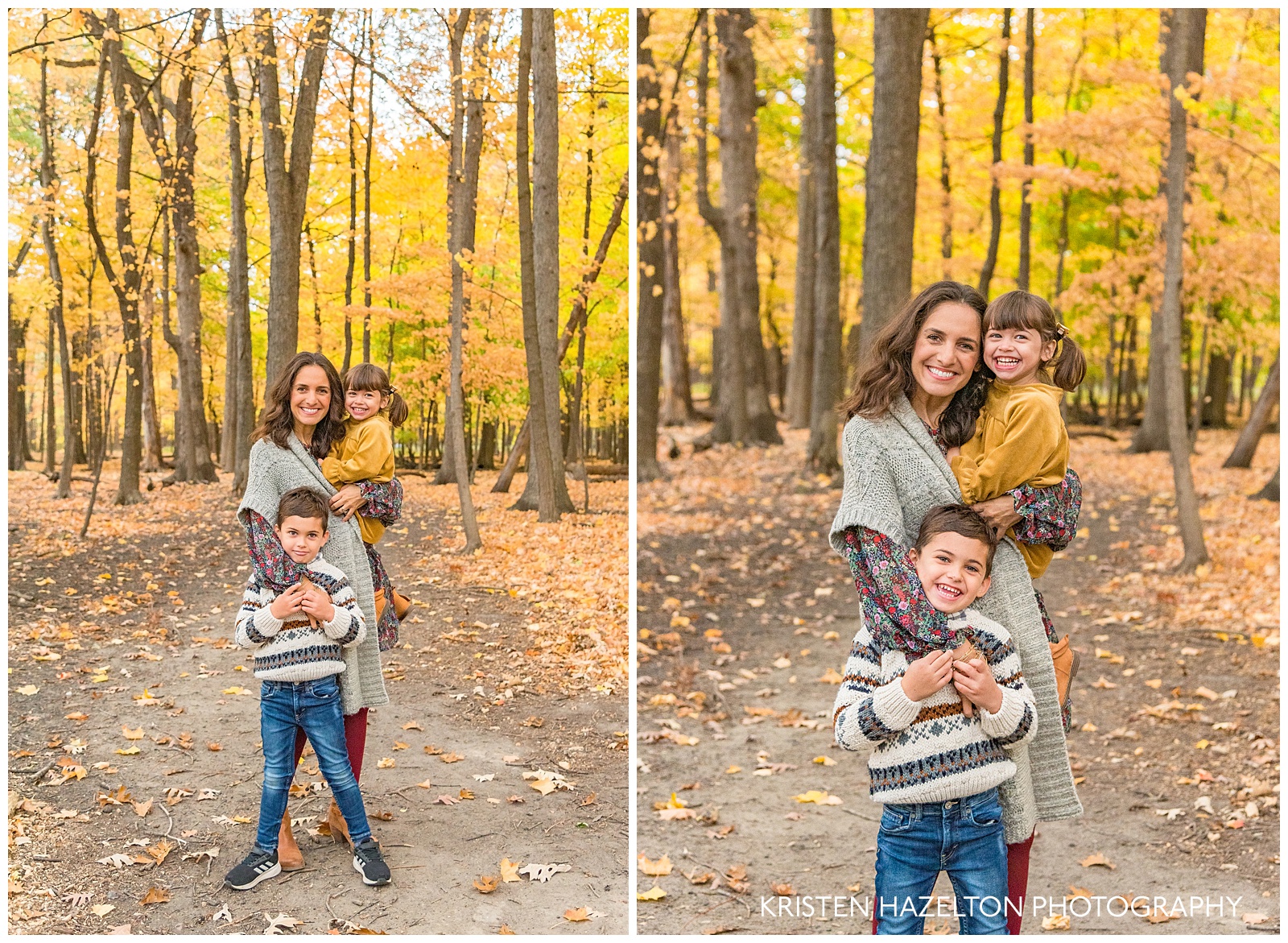 Fall portrait of a Mother and her young daughter and son