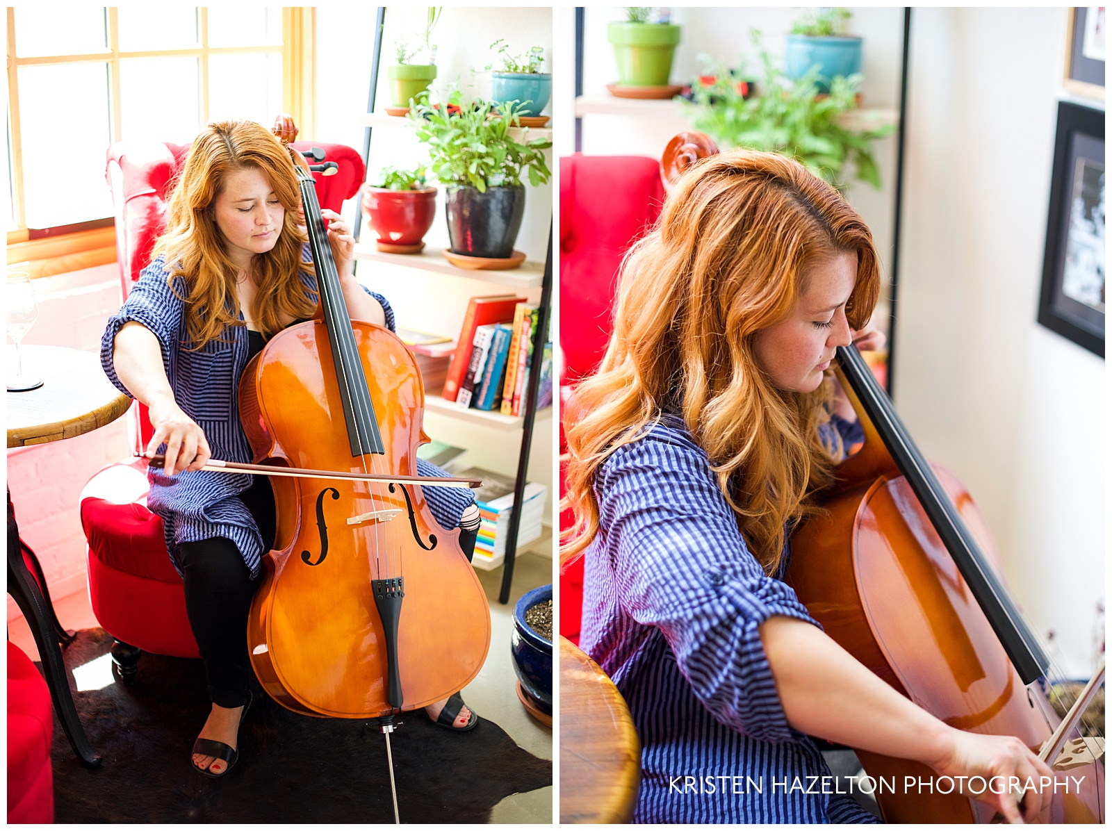 portrait of a redheaded woman playing a cello