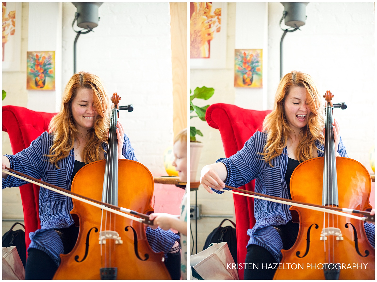 portrait of a redheaded woman playing a cello while smiling widely
