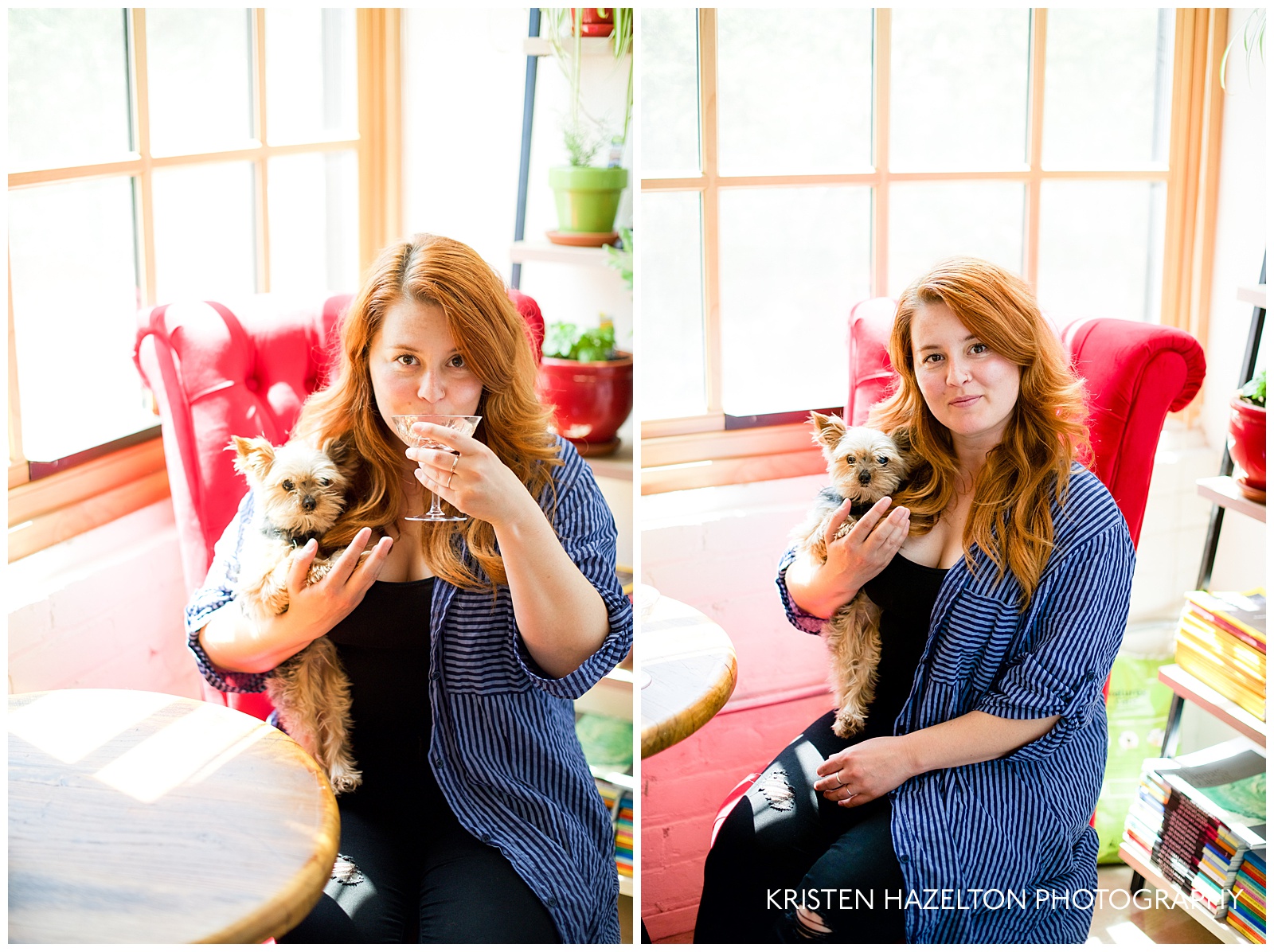 redheaded woman drinking champagne while holding a tiny dog