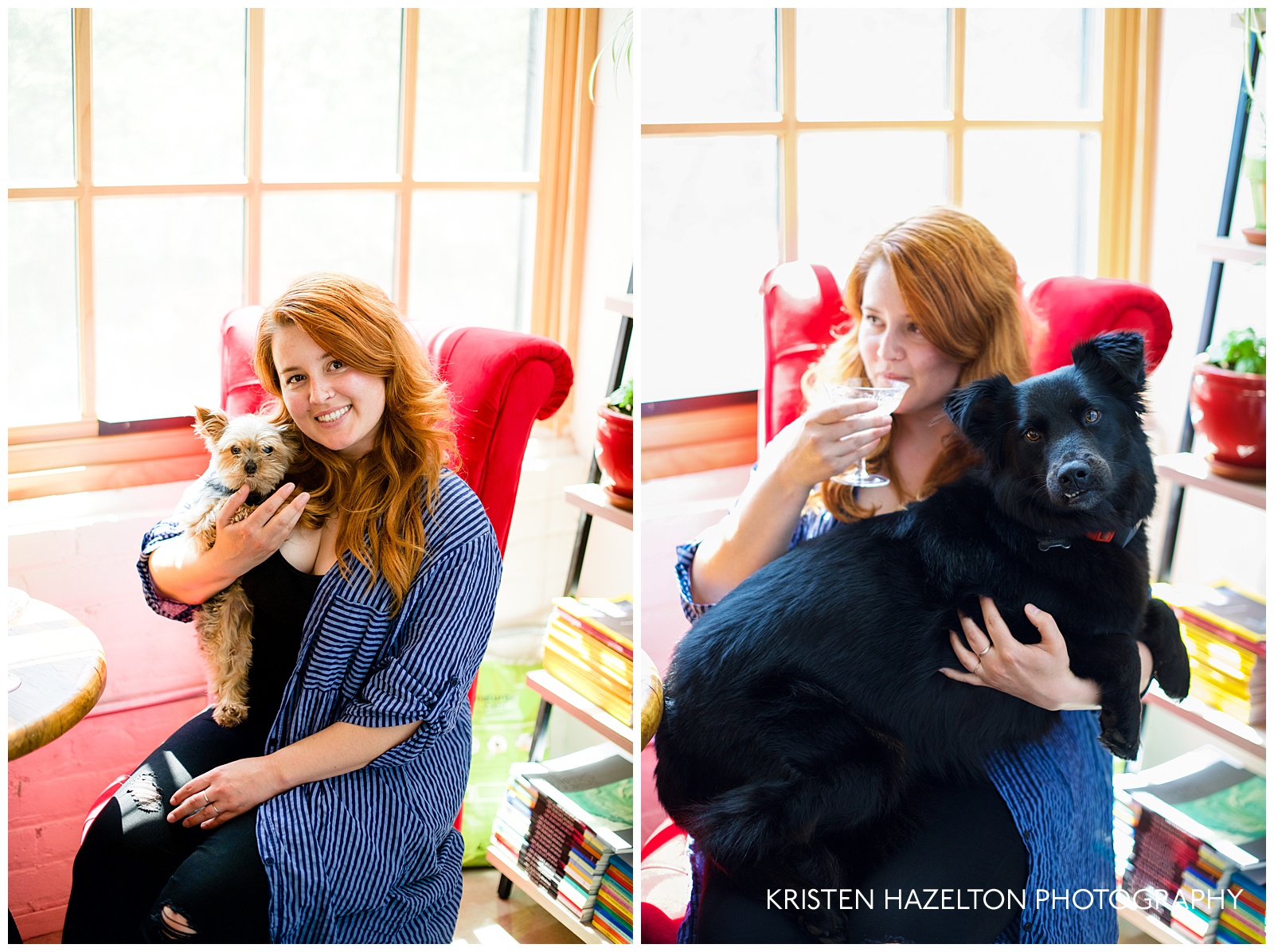 portraits of a redheaded woman holding her dogs