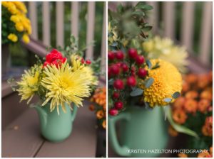 Flowers in a green teapot