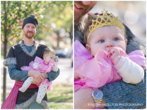 Father and baby daughter in Halloween costumes