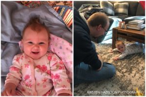 Smiling baby, and baby rolled under table