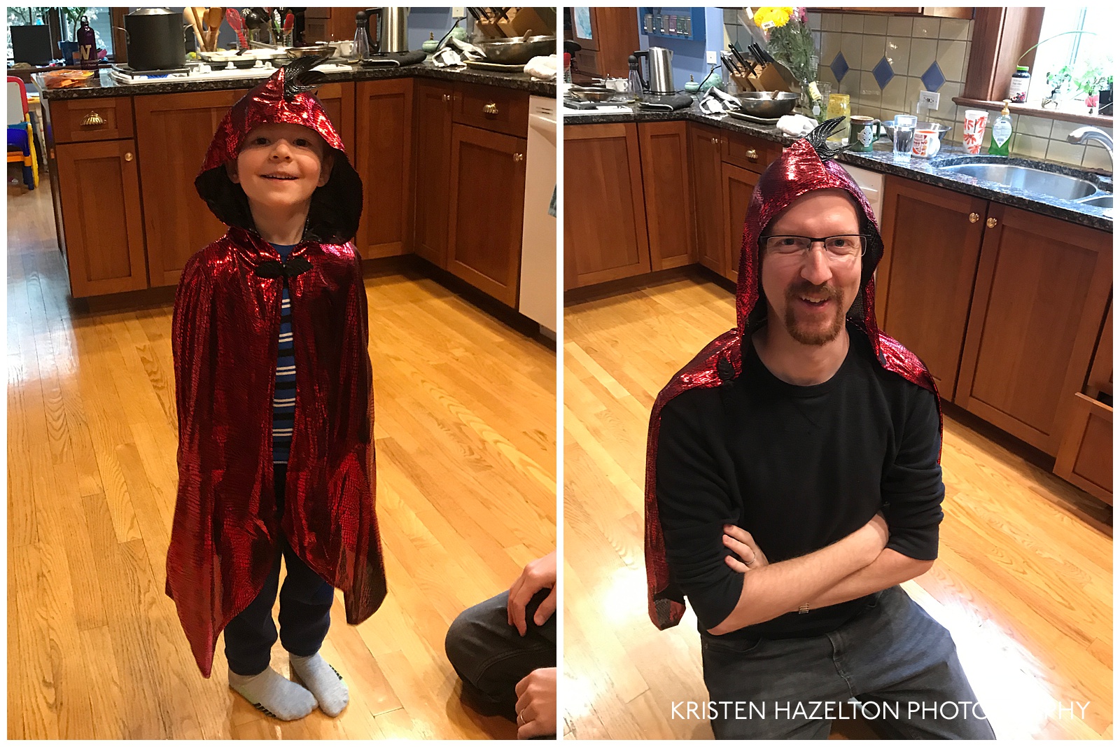 Father and son wearing dragon cloaks