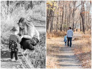 Candid portraits of a family exploring the woods