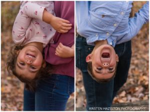 Upside down smiles from a young brother and sister