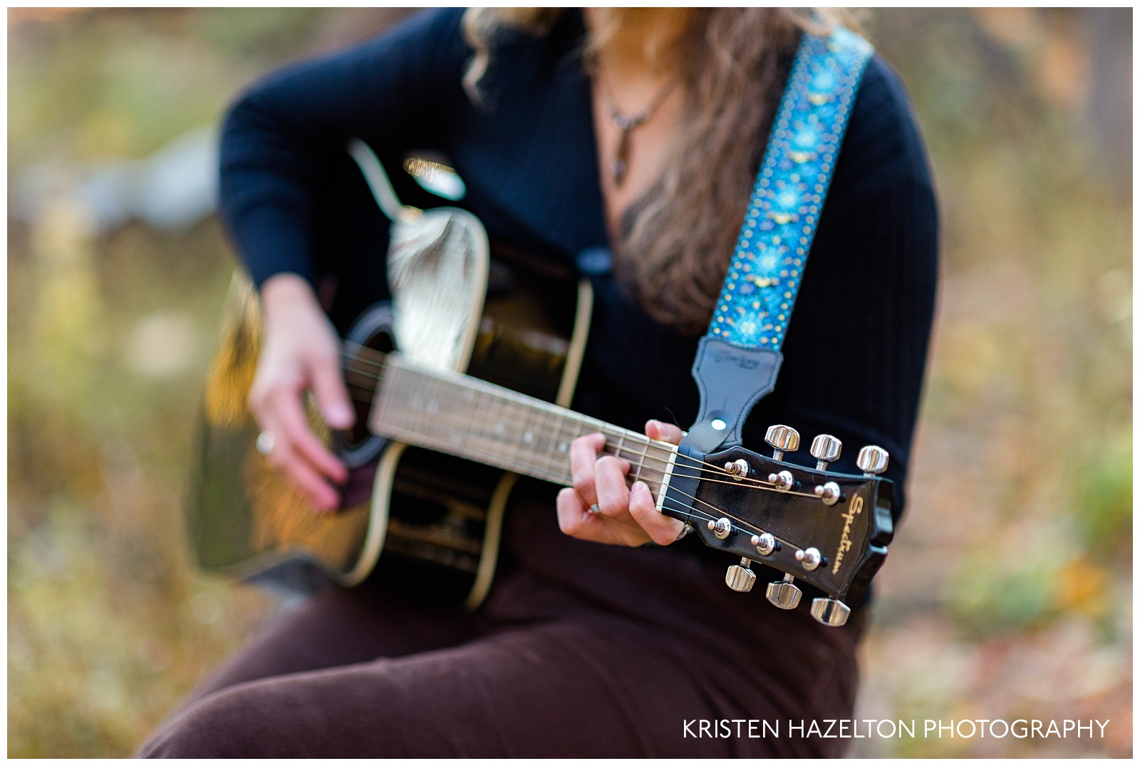 Senior portraits with a guitar at Thatcher Woods in River Forest, IL by Oak Park senior photographer Kristen Hazelton