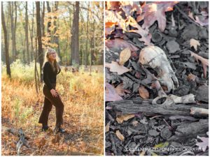 portrait of a highschool senior laughing while autumn leaves fall