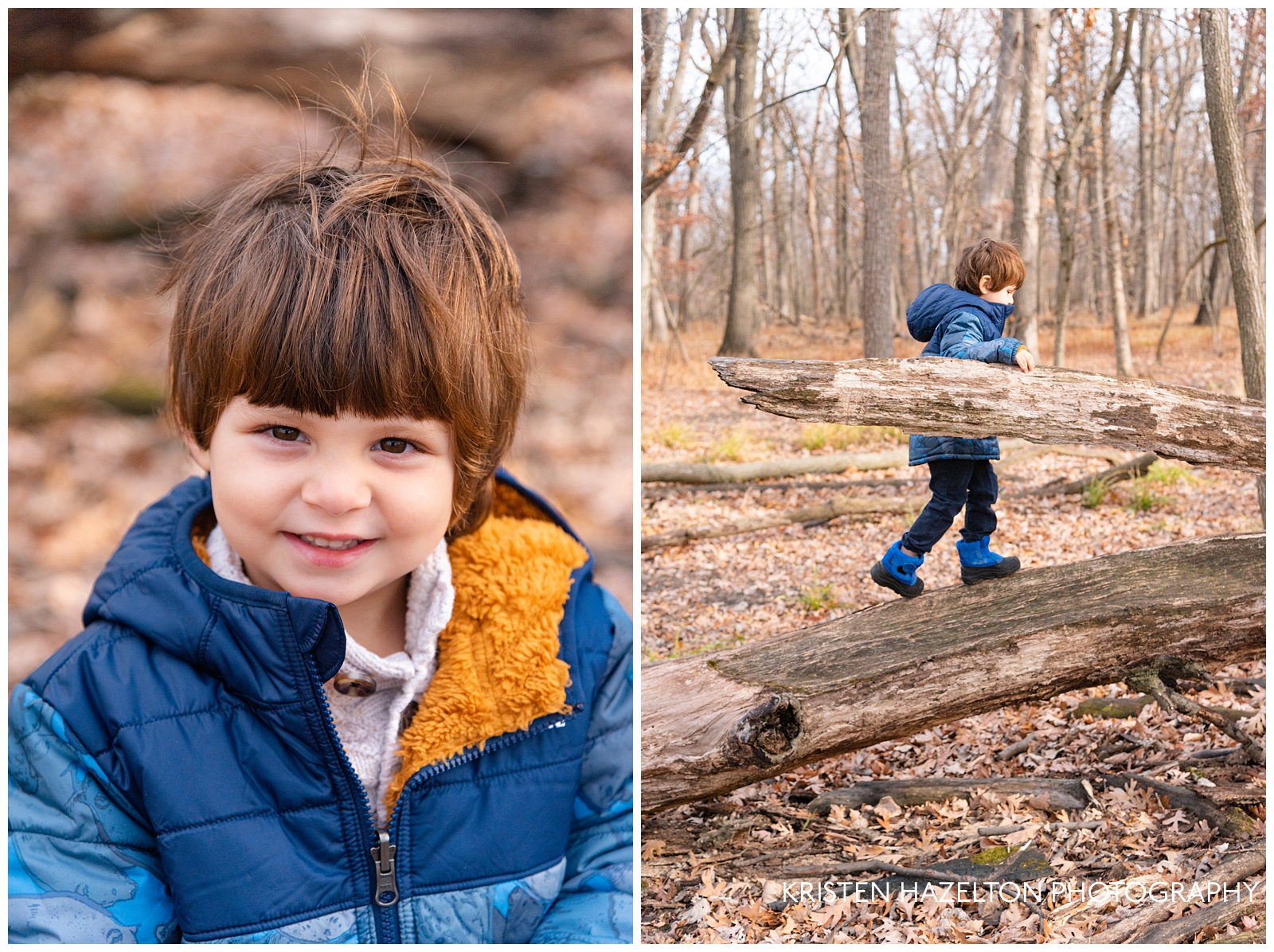 Portrait of a toddler boy looking at the camera and climbing trees