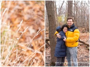 Portrait of mom and dad hugging in the late fall woods