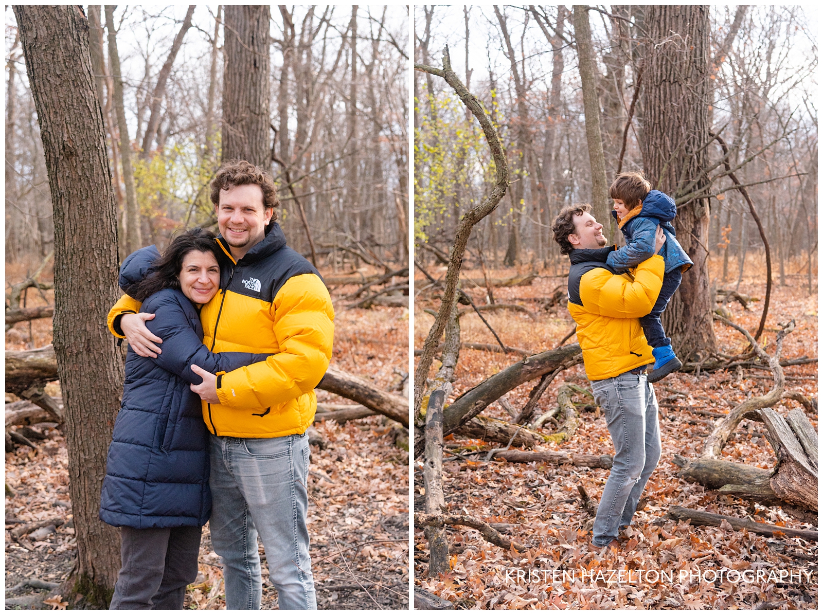 Candid photos of a young family in the woods