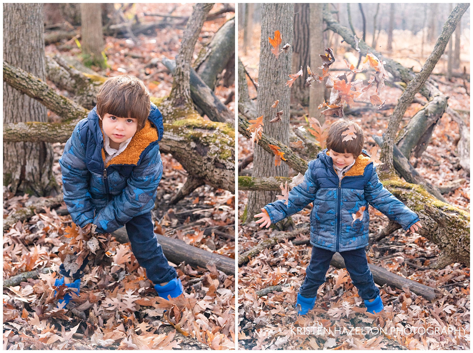Toddler boy throwing leaves