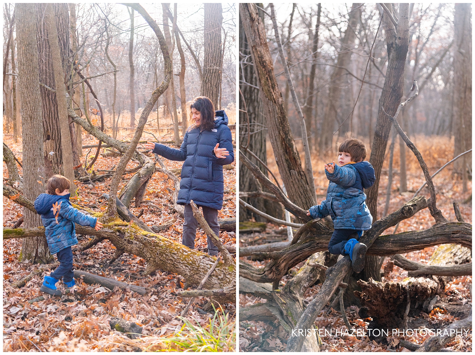 Candid family portraits of a Mother and son throwing leaves