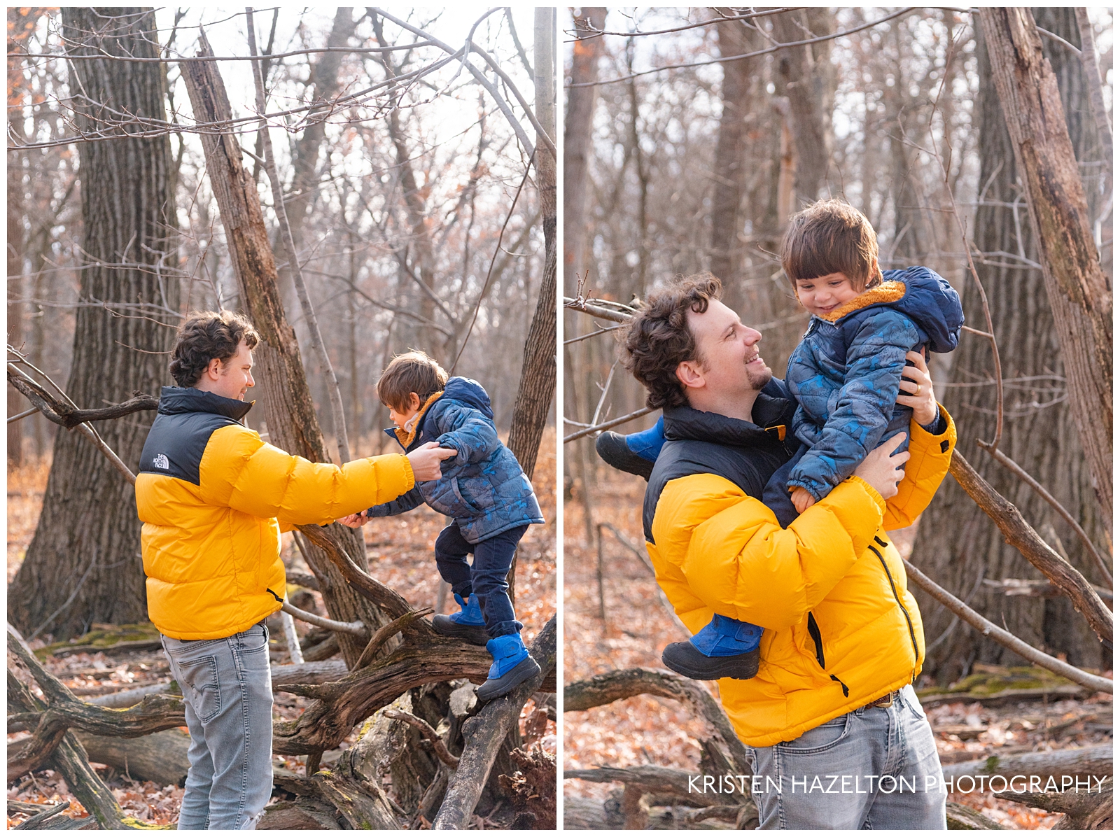 Father and son playing in the woods in River Forest, IL