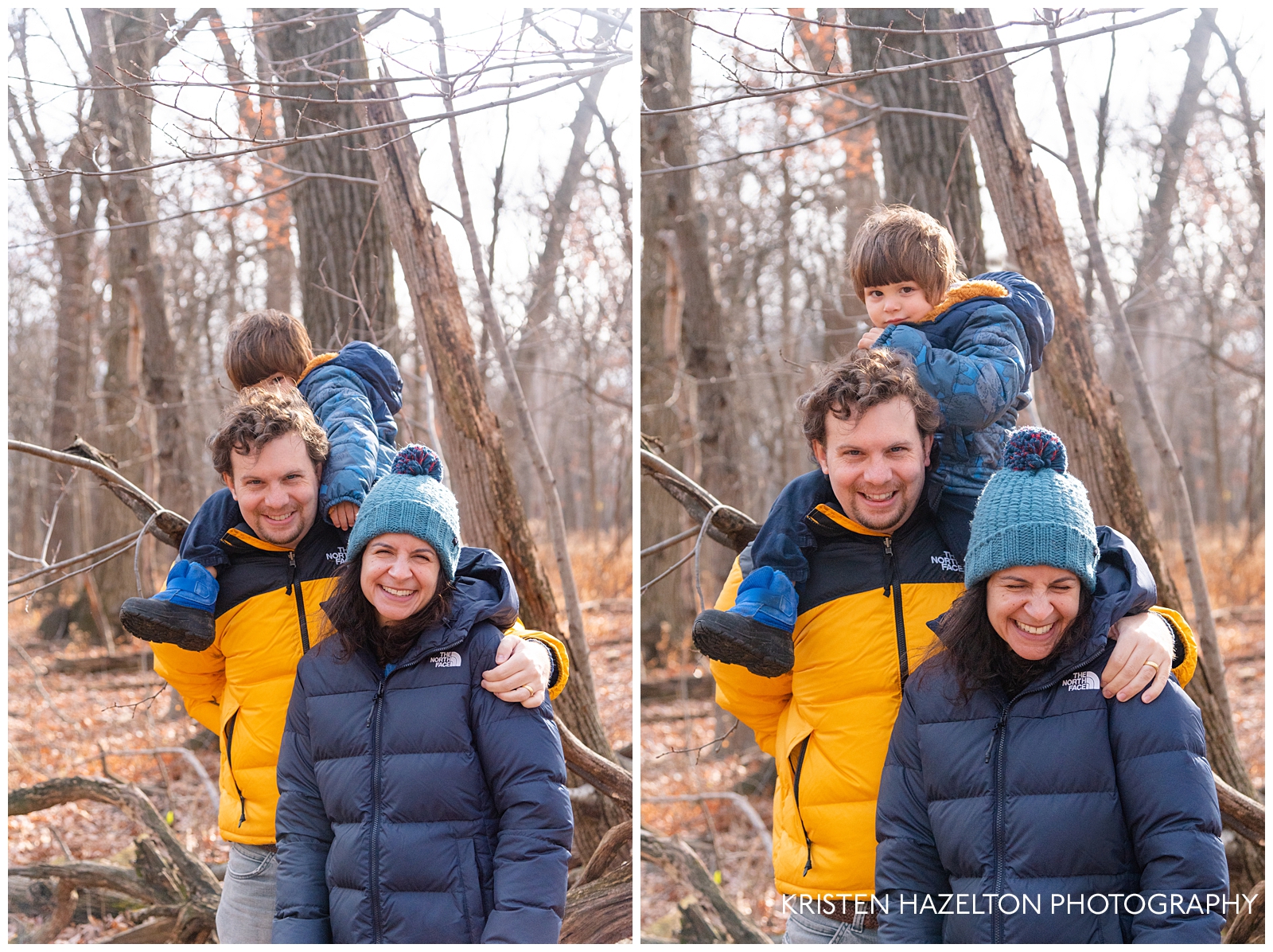 Family portrait of three in the woods - a little boy is playing peekaboo behind dad's head