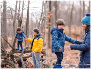 Family playing in the woods