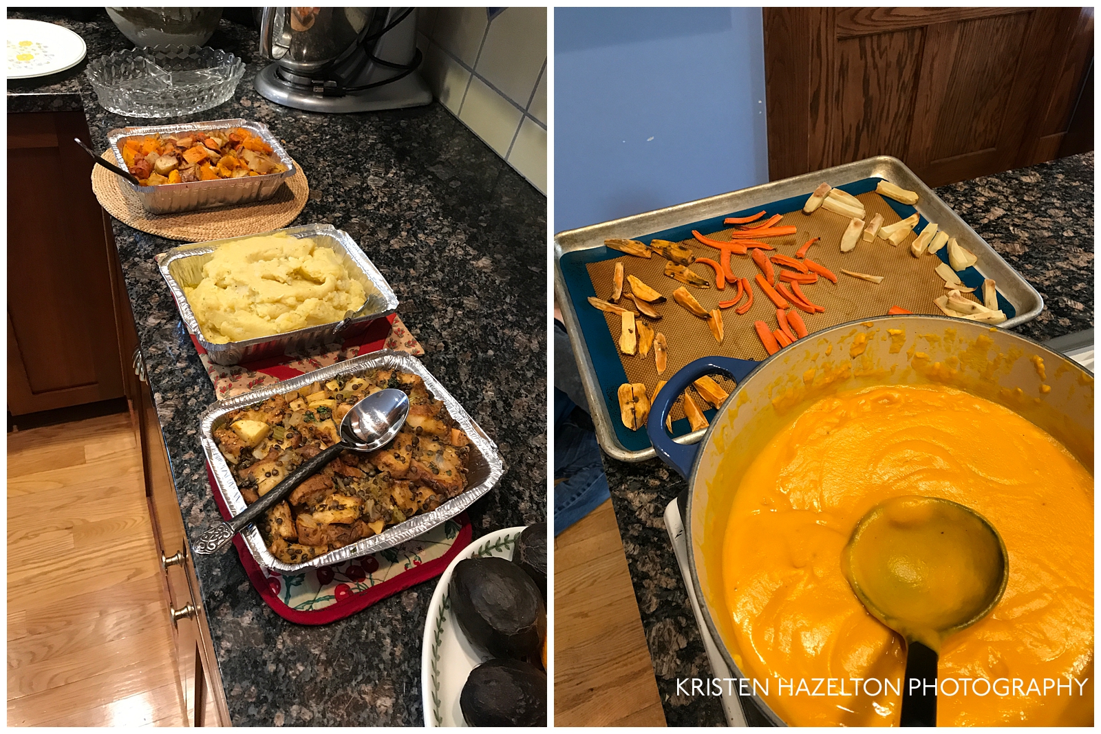 Thanksgiving foods - mashed potatoes, butternut squash soup, stuffing, roasted veggies