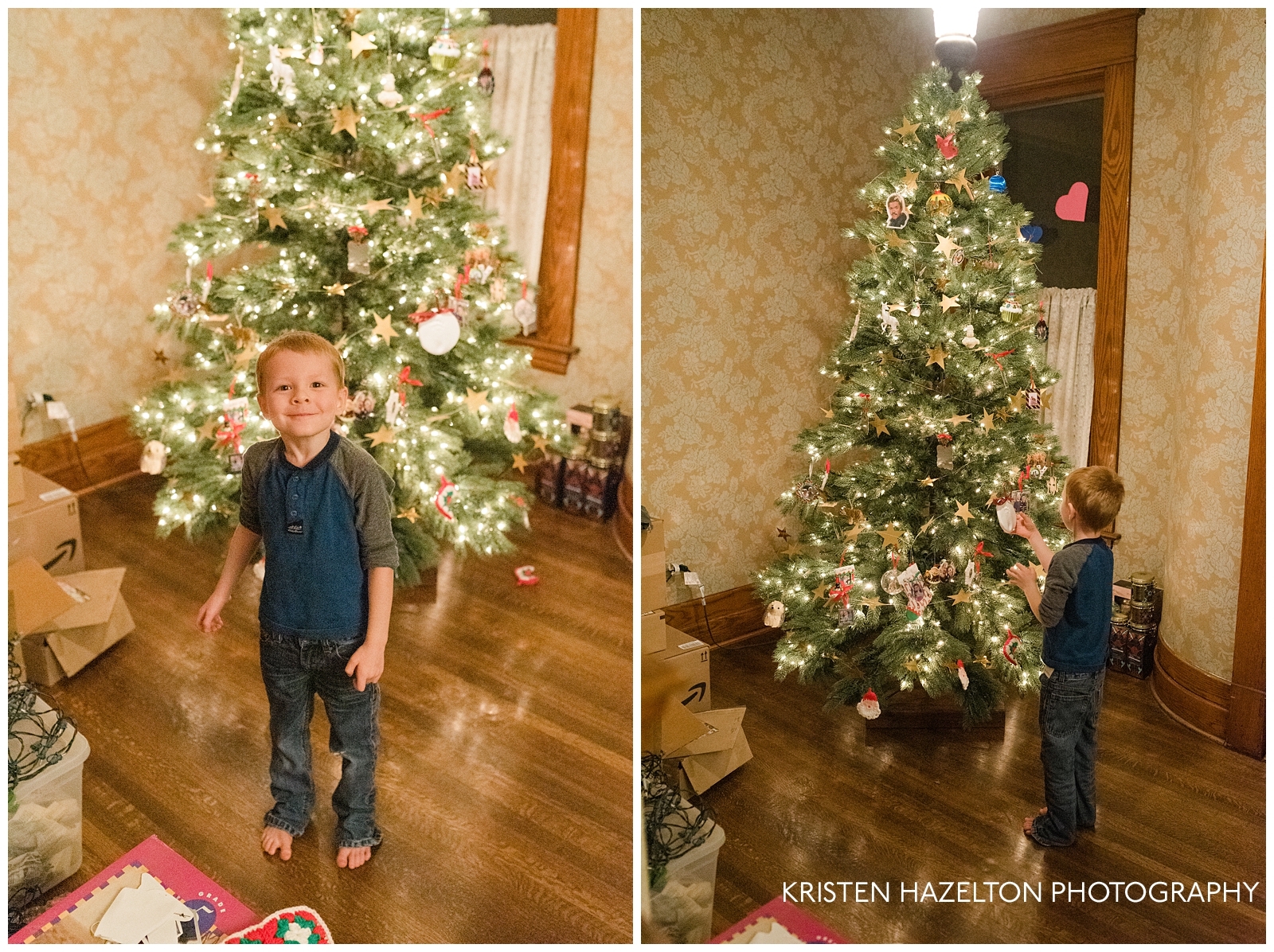 Young boy putting ornaments on a christmas tree