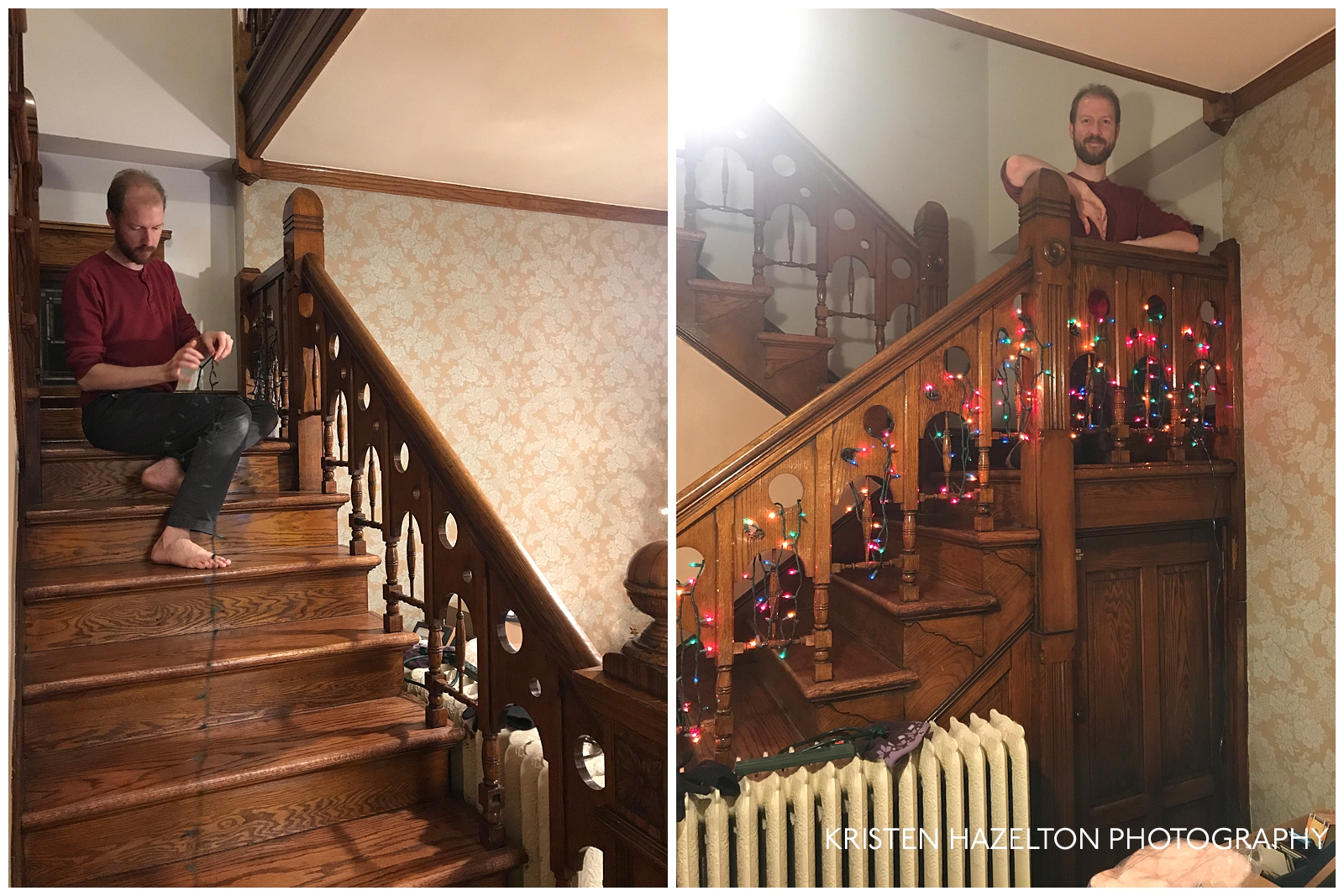 Husband decorating stairs with christmas lights
