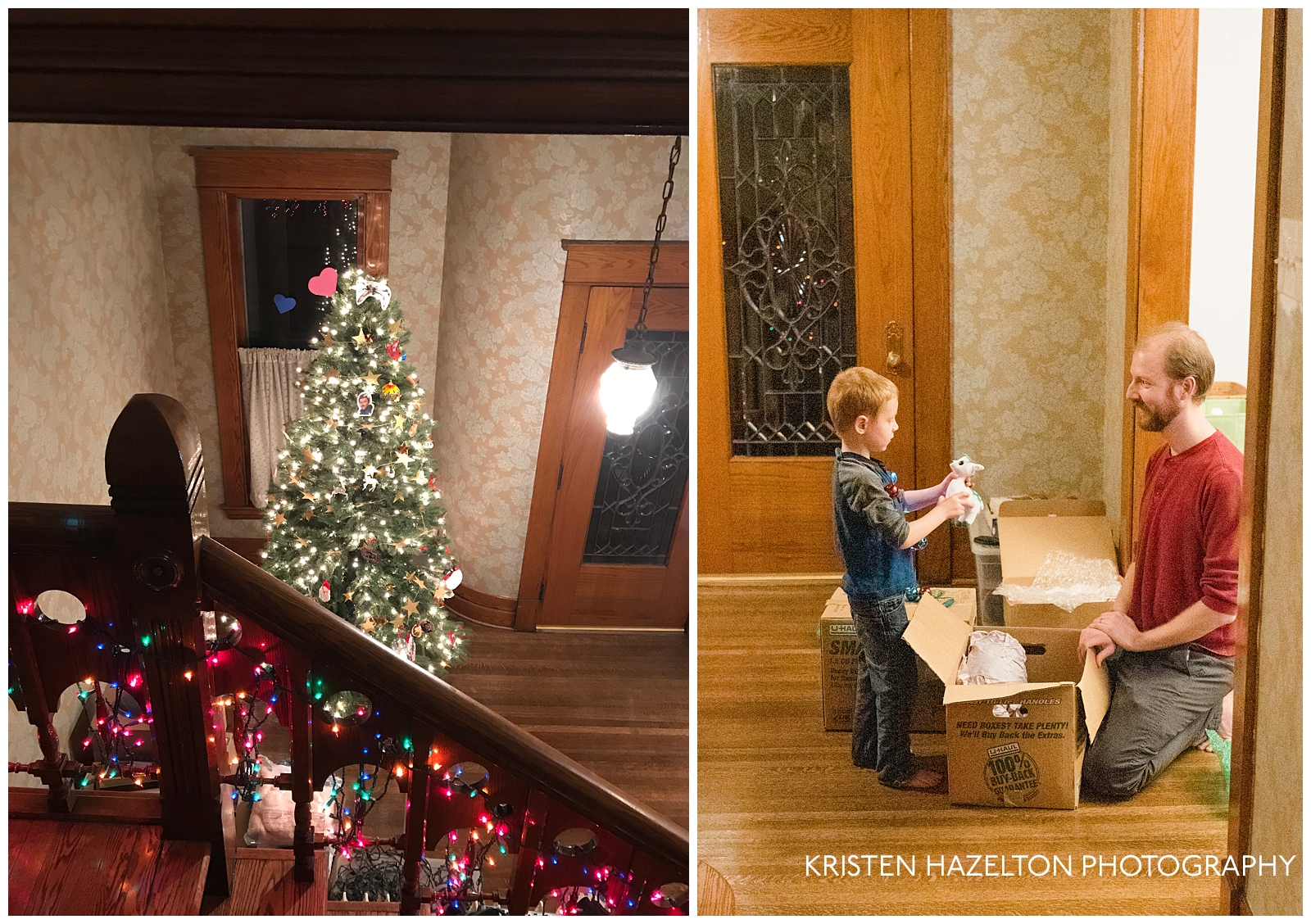 Decorated tree and stairs, father and son getting out christmas decorations