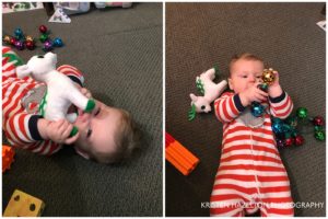 Baby investigating Christmas toys