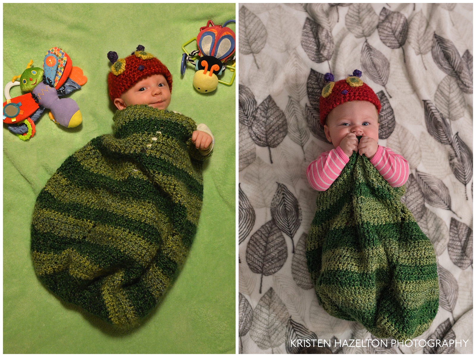 Big brother and baby sister each wearing a Very Hungry Caterpillar sleep sack years apart