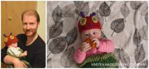 Big brother and baby sister each wearing a Very Hungry Caterpillar sleep sack years apart