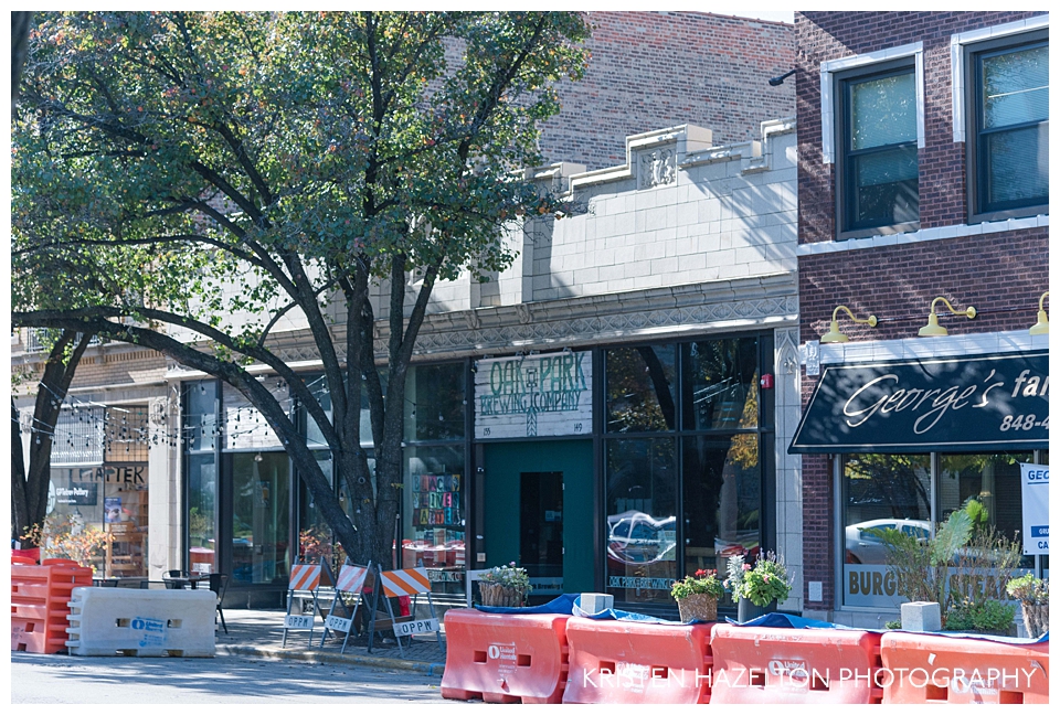 The Hemingway District of Oak Park, IL with street barricades for pandemic seating outside for restaurants