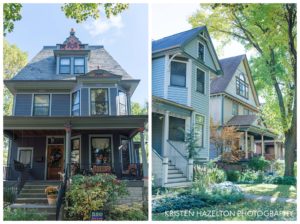 Brightly colored victorian homes in Oak Park, IL