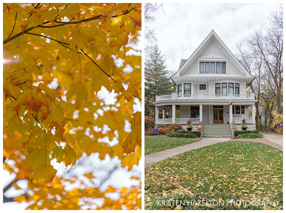 White victorian home in the fall in Oak Park, IL
