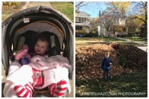 Happy baby going for a walk in a stroller, and a toddler-sized leaf pile
