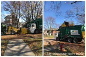 Garbage trucks hauling leaves in Oak Park, IL