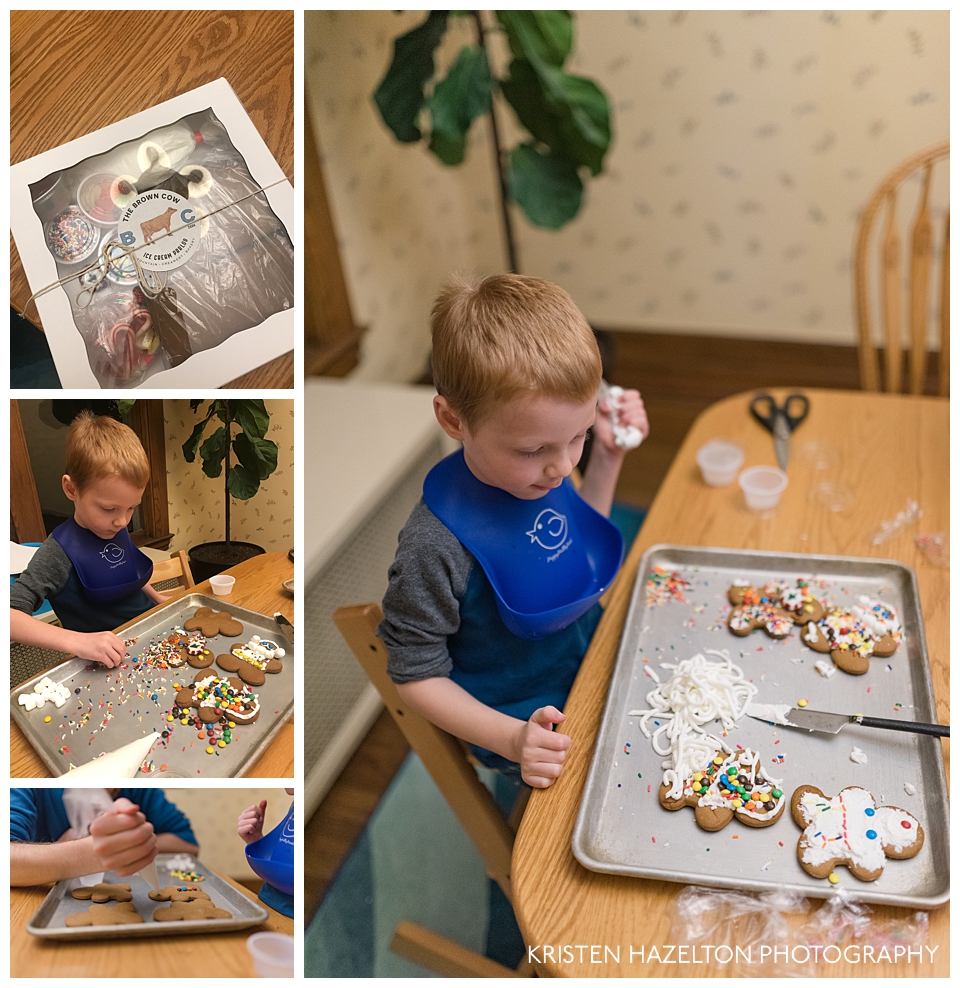 Young boy decorating gingerbread men