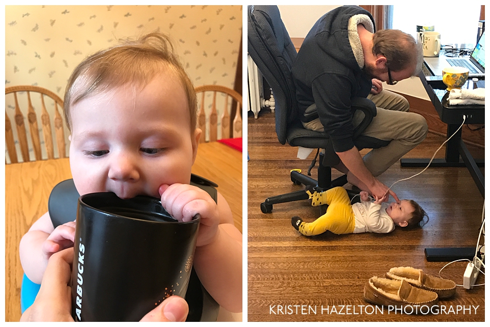 Baby chewing on a Starbucks coffee tumbler, and chewing on a power cord