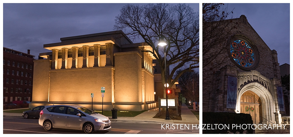 Frank Lloyd Wright Unity Temple at night, and First United Church of Oak Park with illuminated stained glass