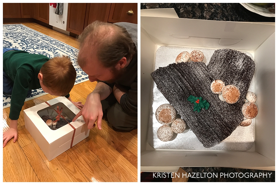 Father and son investigating a Buche de Noel from Pastry Revival Bakery in Oak Park, IL