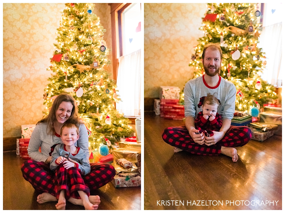 Family pictures next to the Christmas tree