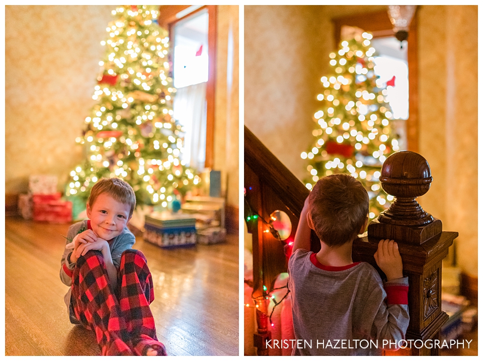 Young boy in front of the Christmas tree, and then looking at it over the stair rail