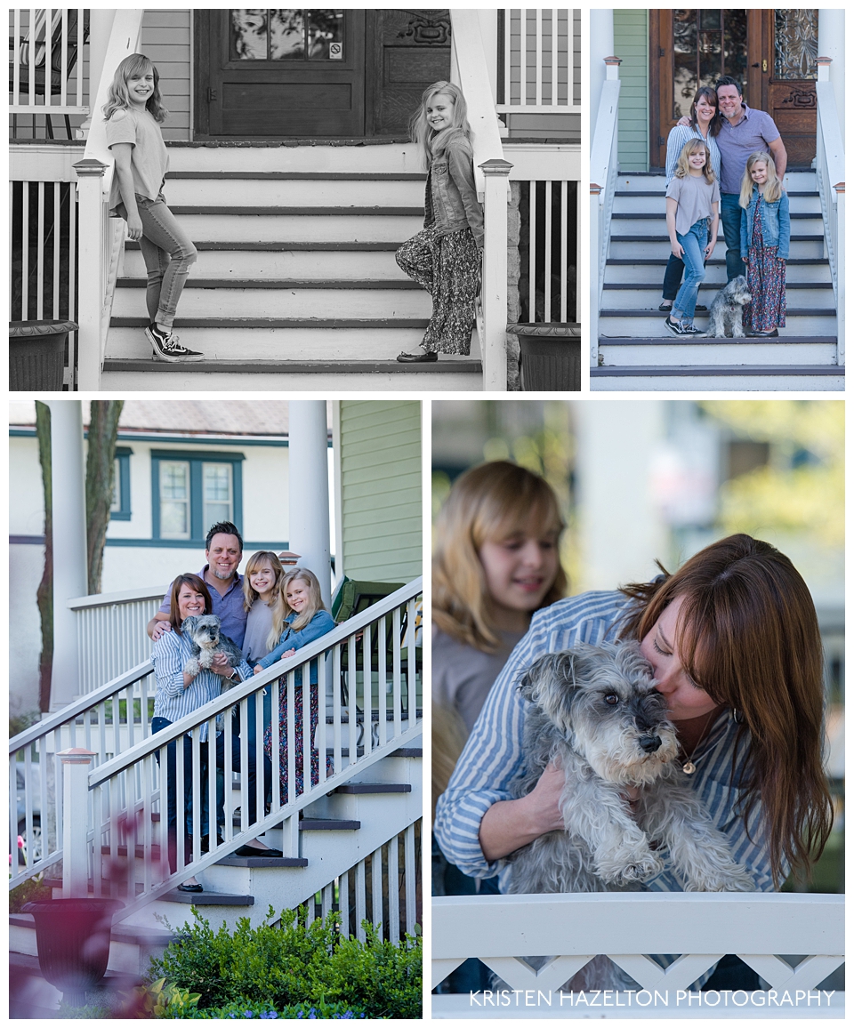 Front porch portraits with a puppy by Oak Park, IL family photographer Kristen Hazelton