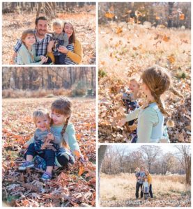 Fall family portraits with leaf throwing