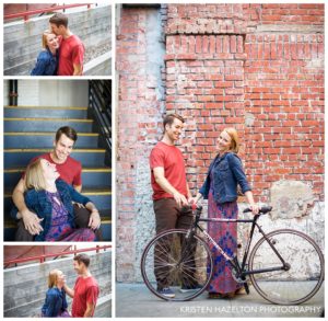 Engagement photos at an industrial loft with a bicycle