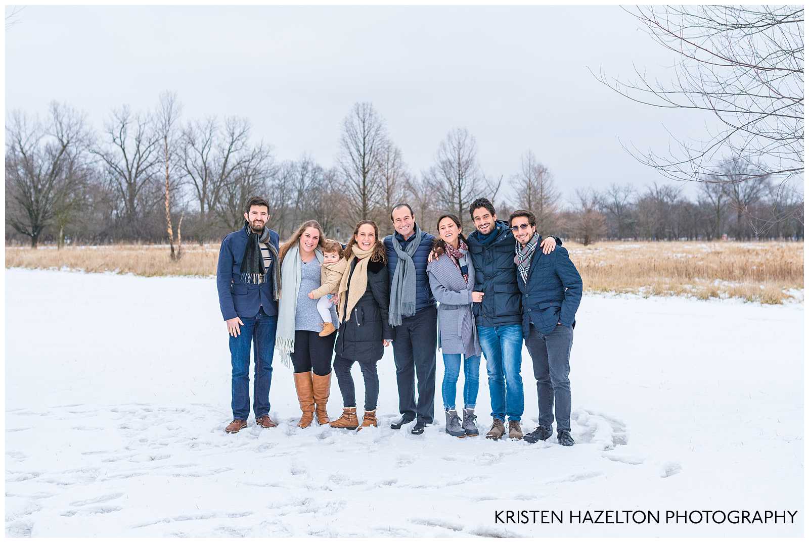 Extended family photo in a snowy field in Oak Park, IL
