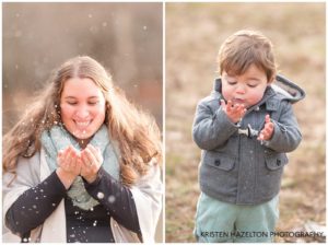 Mama and toddler son blowing snowflakes