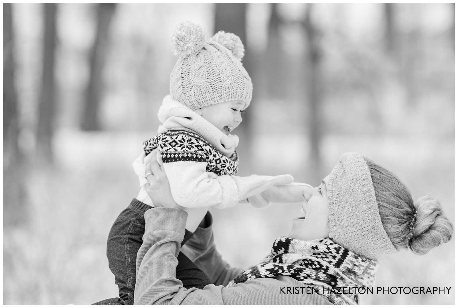 Black and white winter portrait of a mother and daughter